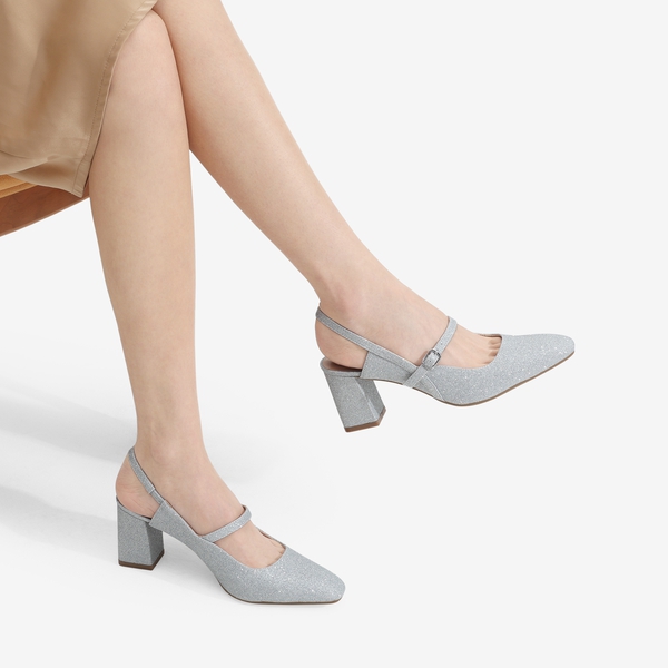 Mary Jane Slingback Chunky Heel Pumps - SILVER GLITTER - 1